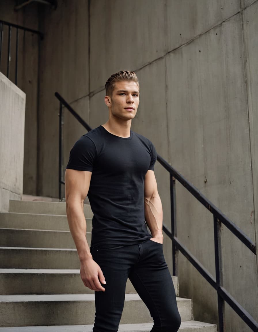 Caleb, intense gaze, against a stairwell wall, tight black shirt, low-riding jeans.