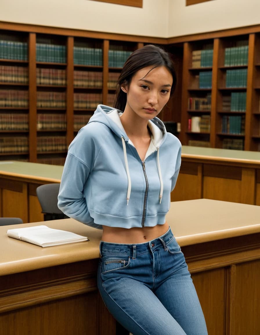 Worried Chloe leans against the library desk, arms crossed.