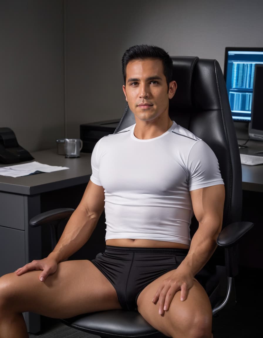 Daniel, tense in a dimly lit office, athletic wear, desire in his eyes.