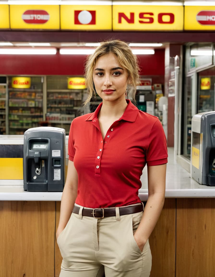 Abigail, flushed cheeks, leans on gas station counter, eyes on the door.