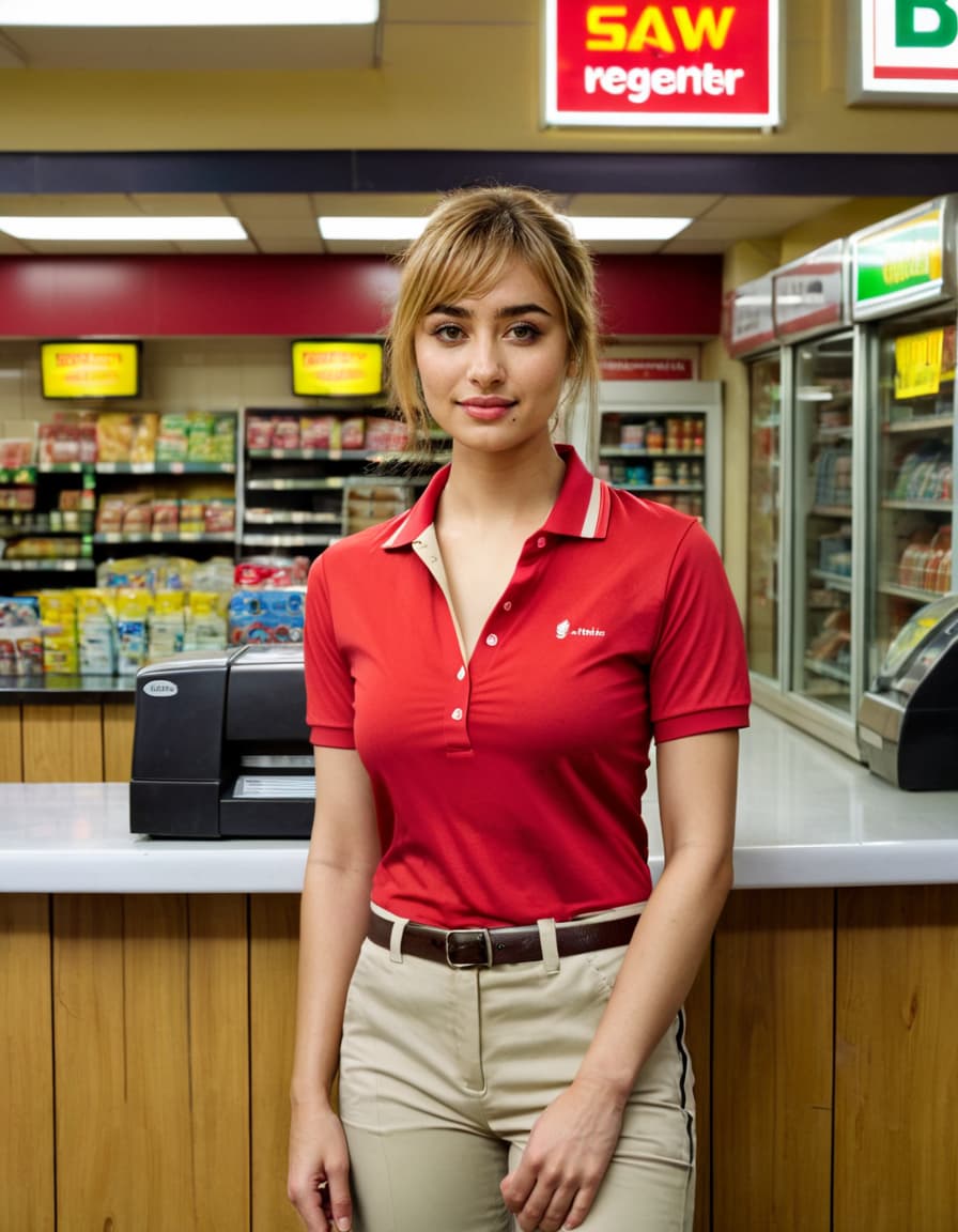 Abigail leans against a convenience store counter, flushed and looking at the entrance.