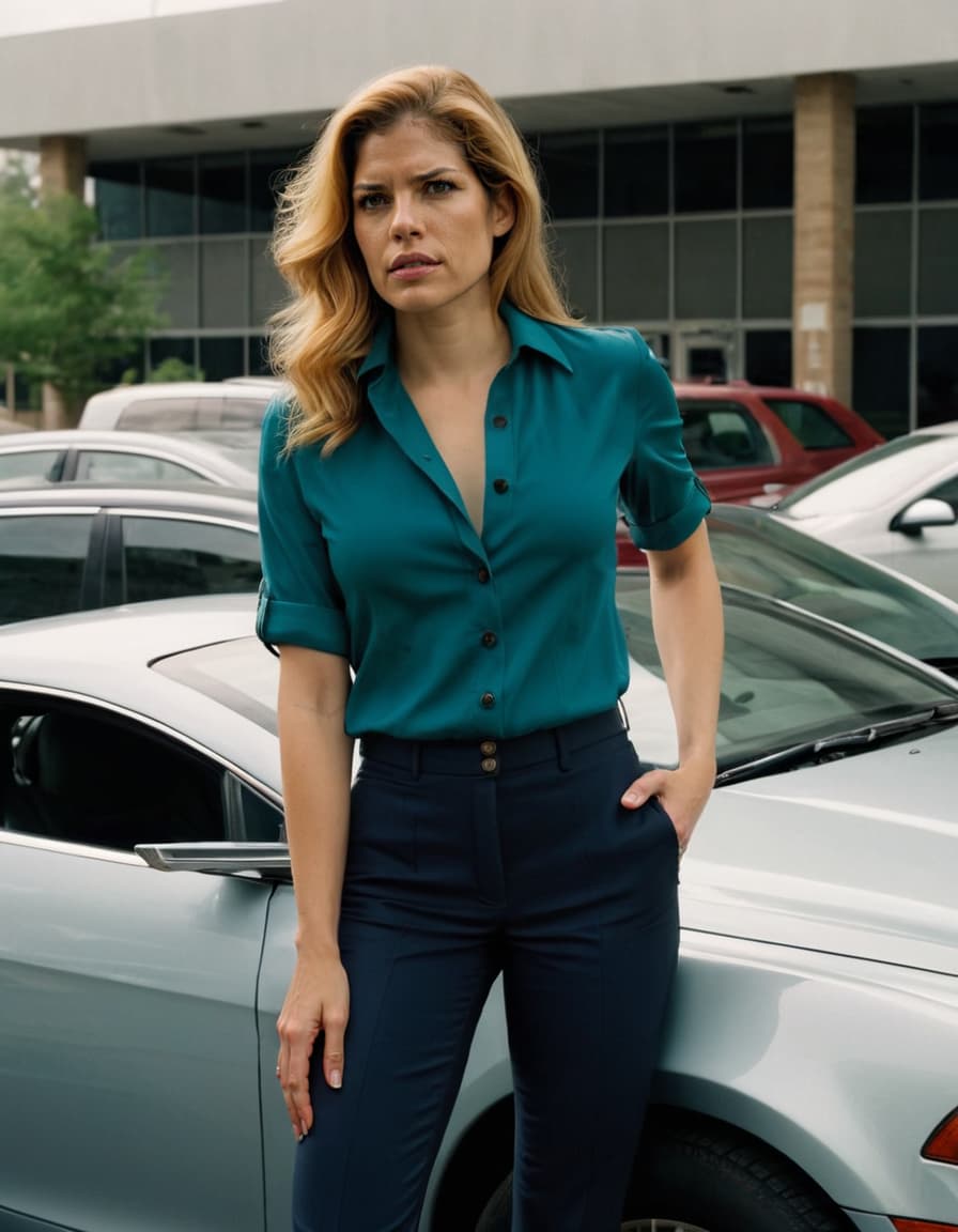Anxious Samantha, breathing deeply outside a car, overlooking a building.
