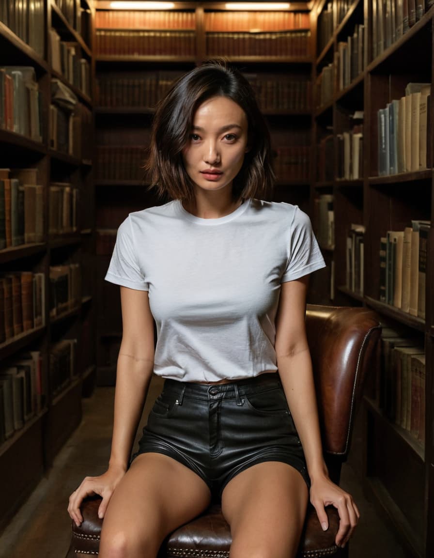 Chloe kneels by a vent in a dimly lit library, looking startled.