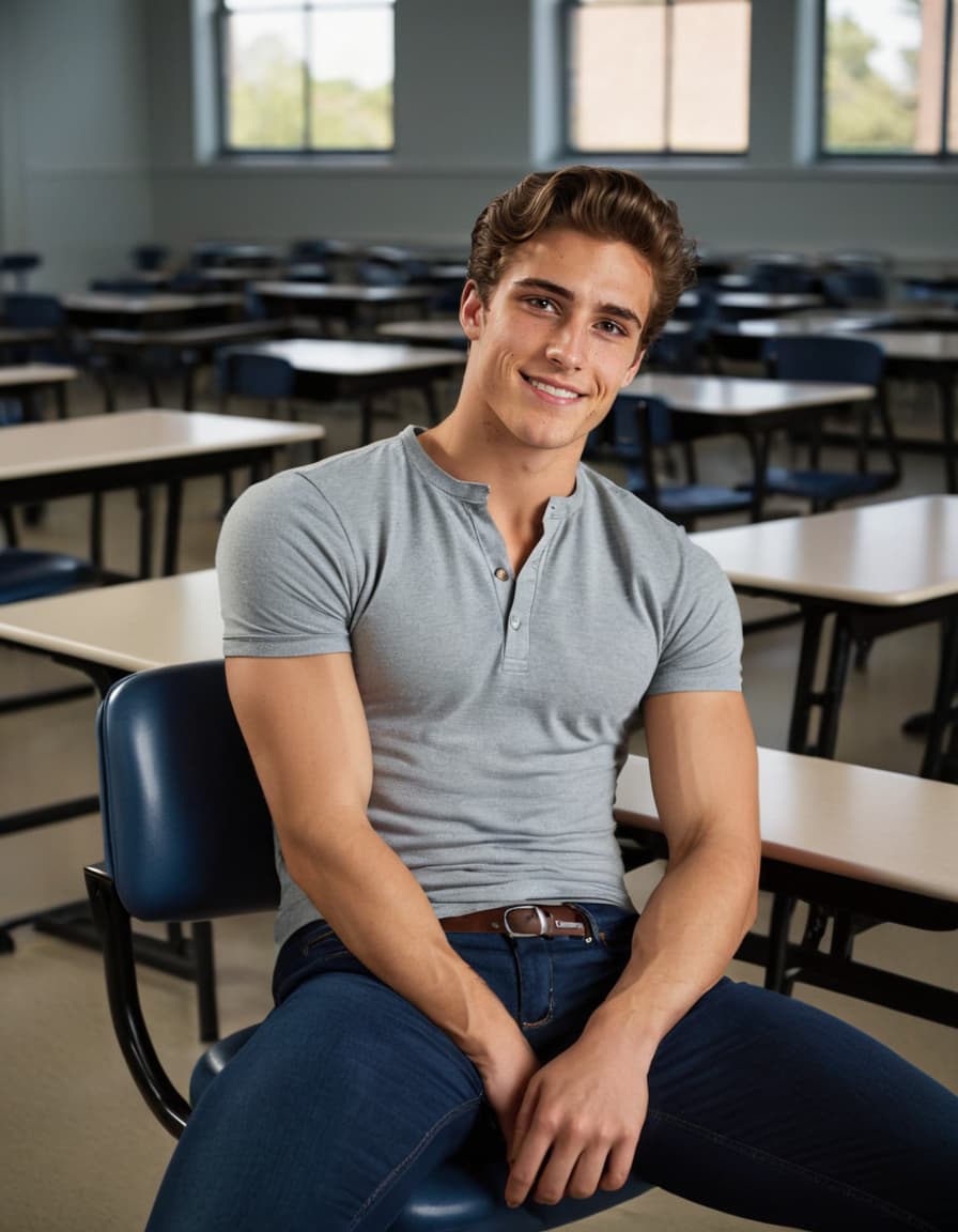 Logan, smirking confidently, leaning back in a university classroom.