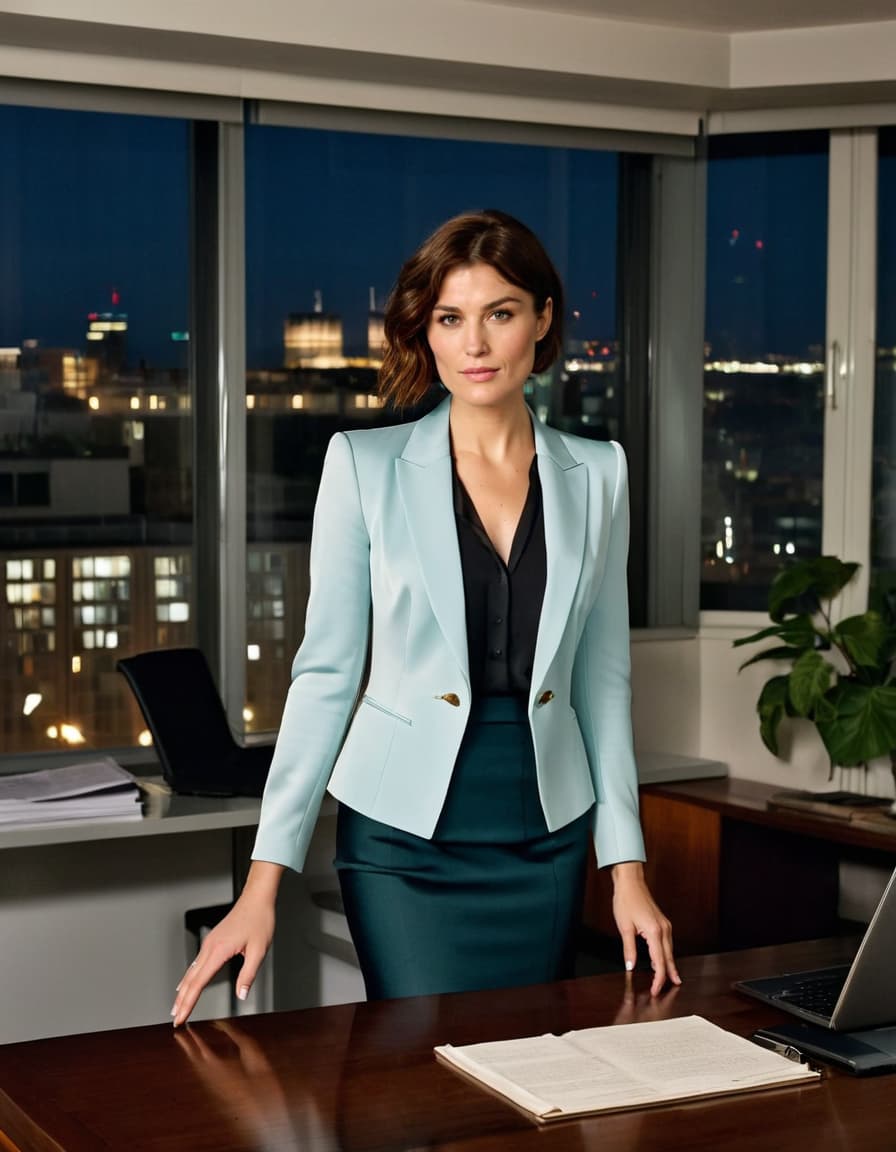 Lillian, confident and composed in a sleek blazer and skirt, at her minimalist desk.