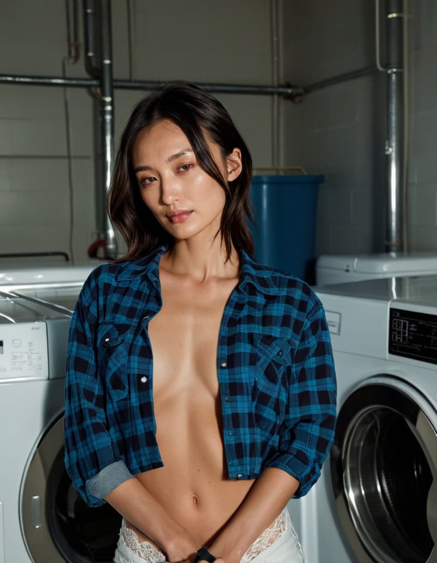 Chloe, leaning against a dryer, in a flannel shirt and lace bralette, in an industrial laundry room.