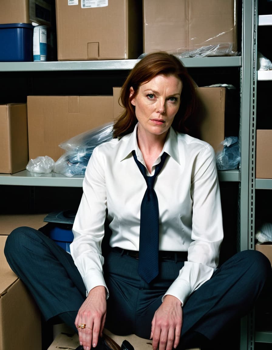 Evelyn, exhausted, sits in a cramped closet, her business attire disheveled.