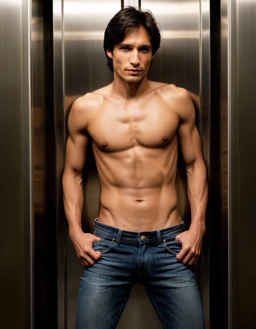 Nathan leans forward, lustful gaze, low-slung jeans in a small, reflective elevator.