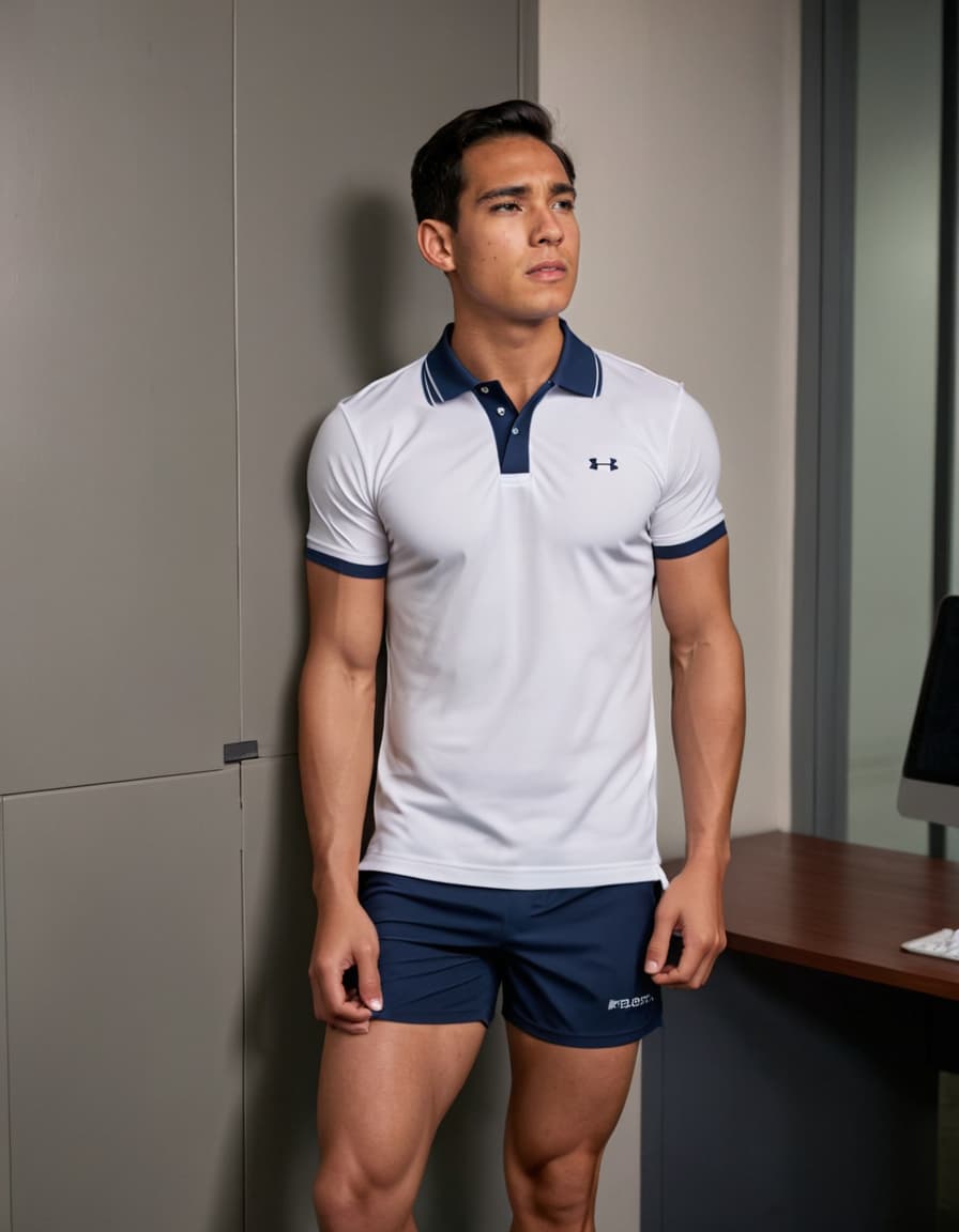 Jacob, tense, leans against wall in dimly lit office, wearing form-fitting polo and swim shorts.