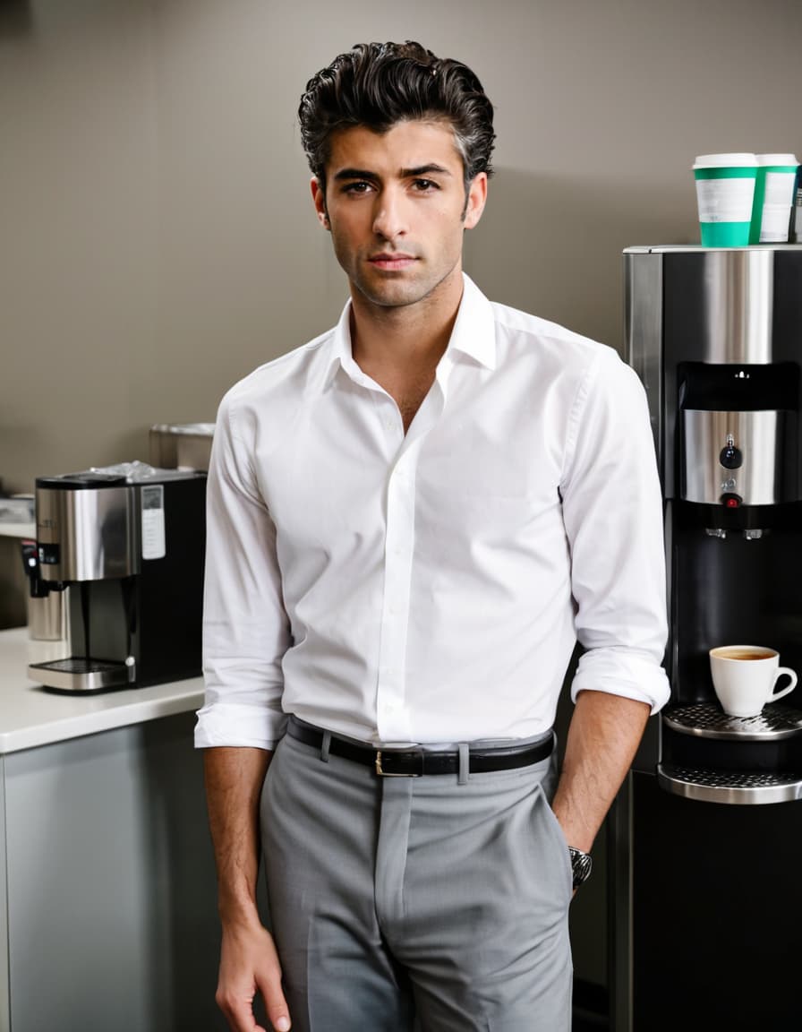 Will, intense, by coffee machine in sterile break room.