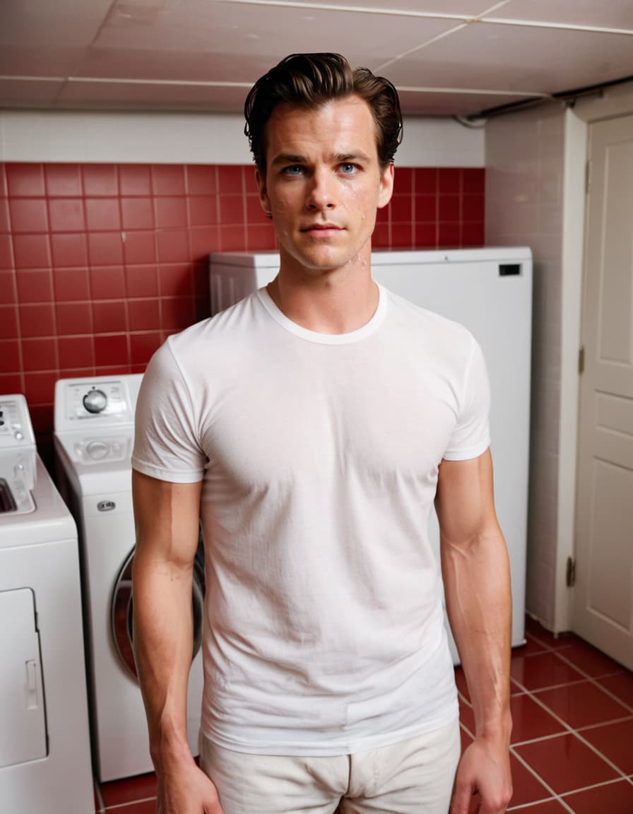 Tom, flushed and wide-eyed, stands frozen in the laundry room, his wet white shirt clinging to his chest.