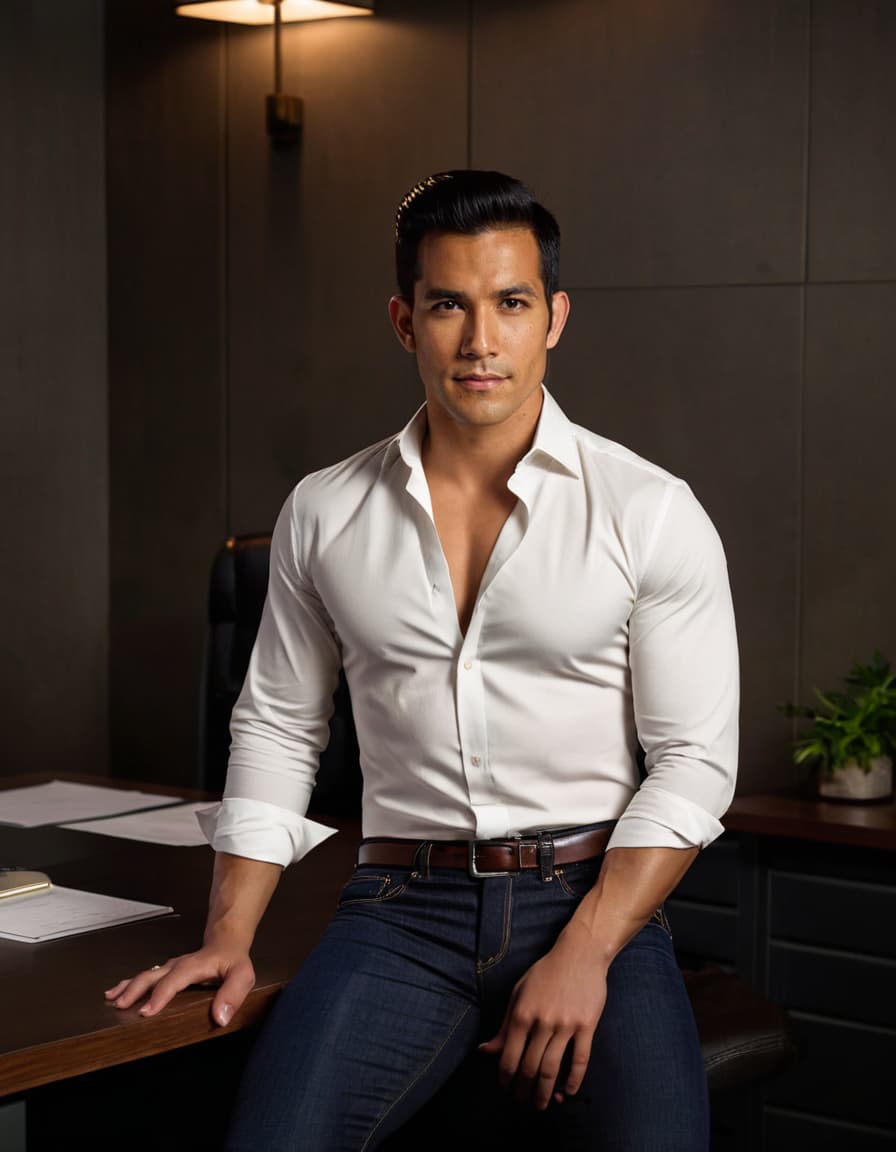 Daniel, elegantly seated in a dimly lit office, wearing a fitted, unbuttoned shirt and dark jeans.