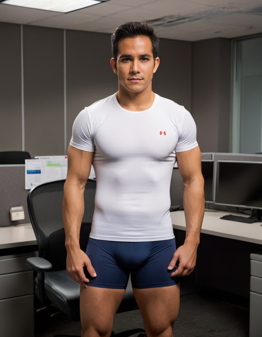 Daniel, intensely focused, in low-cut athletic wear, stands in a dimly lit office.