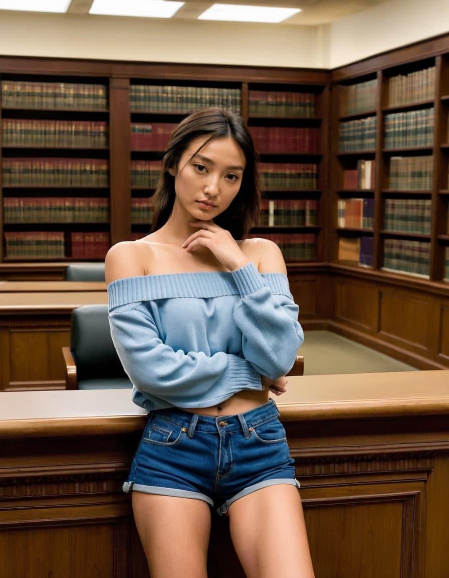 Worried Chloe leans against the library desk, in denim shorts and an off-the-shoulder sweater.