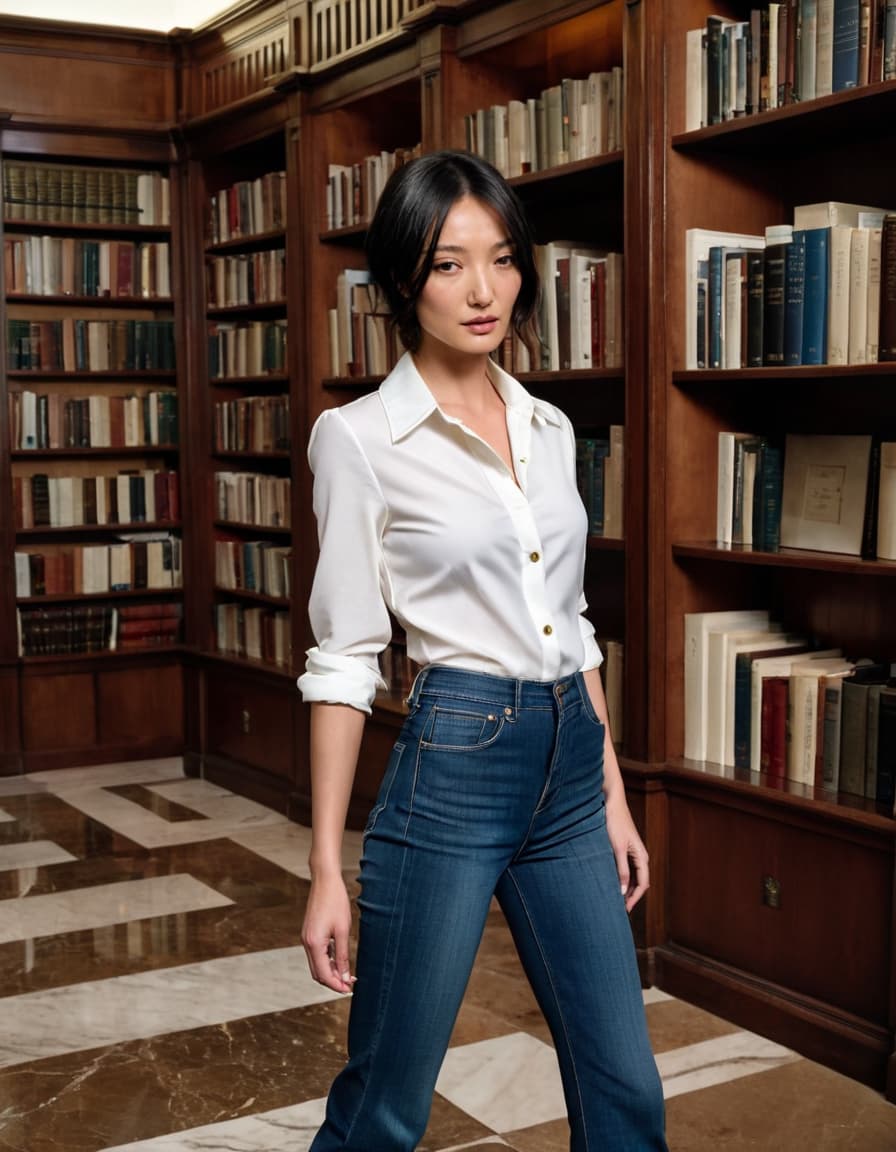 Chloe, nervous and conflicted, stands by a bookshelf in a grand reading room.