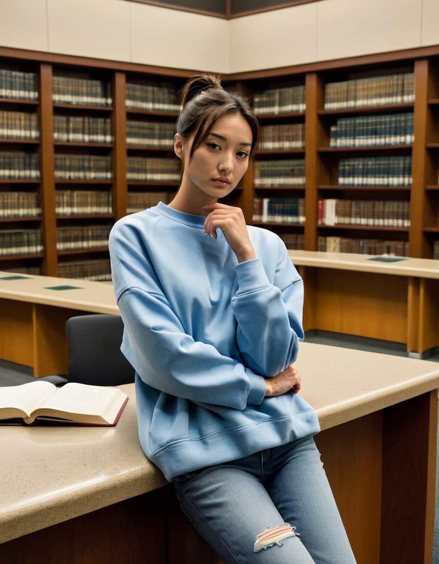 Chloe, worried, leans against a library desk, wearing jeans, a sweatshirt, and a messy ponytail.