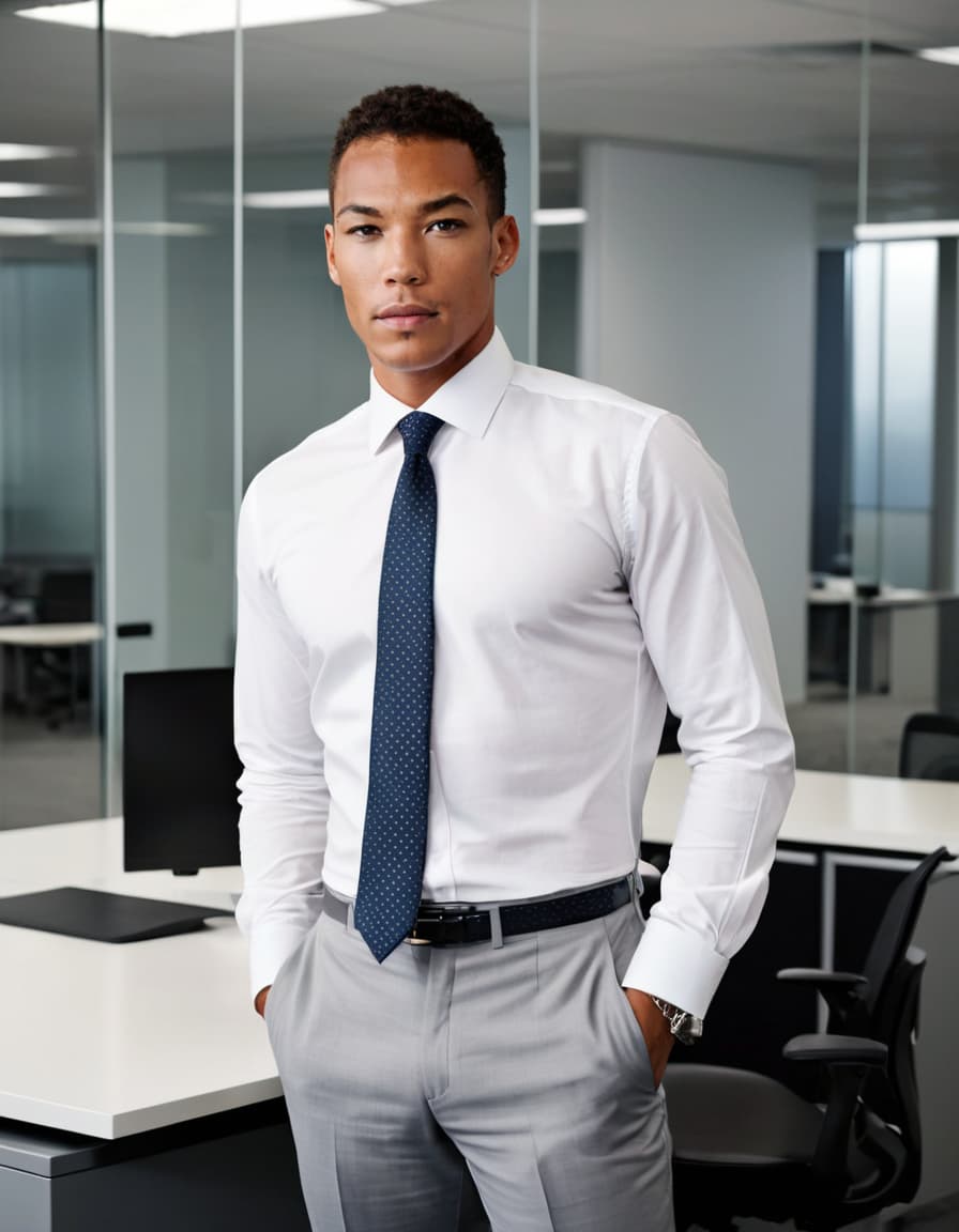 Chris, in a crisp shirt & pants, stands intently at his desk in a modern office.
