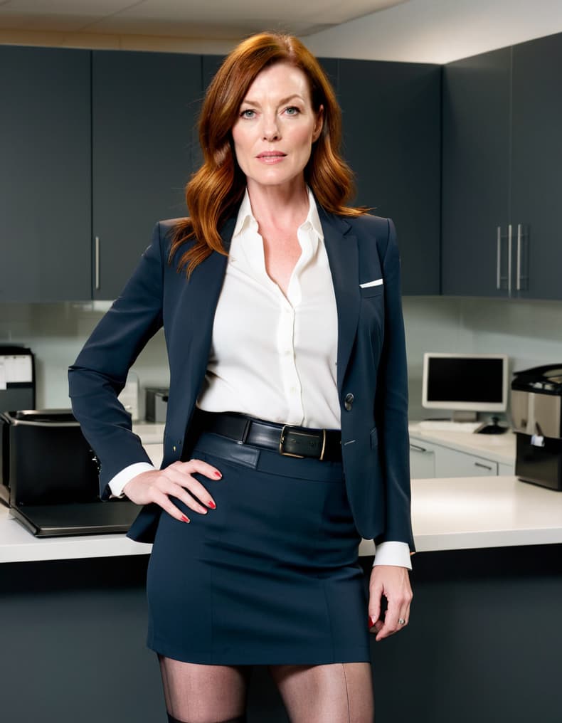 Evelyn, in a fitted blazer, adjusts her posture in a modern office kitchen.
