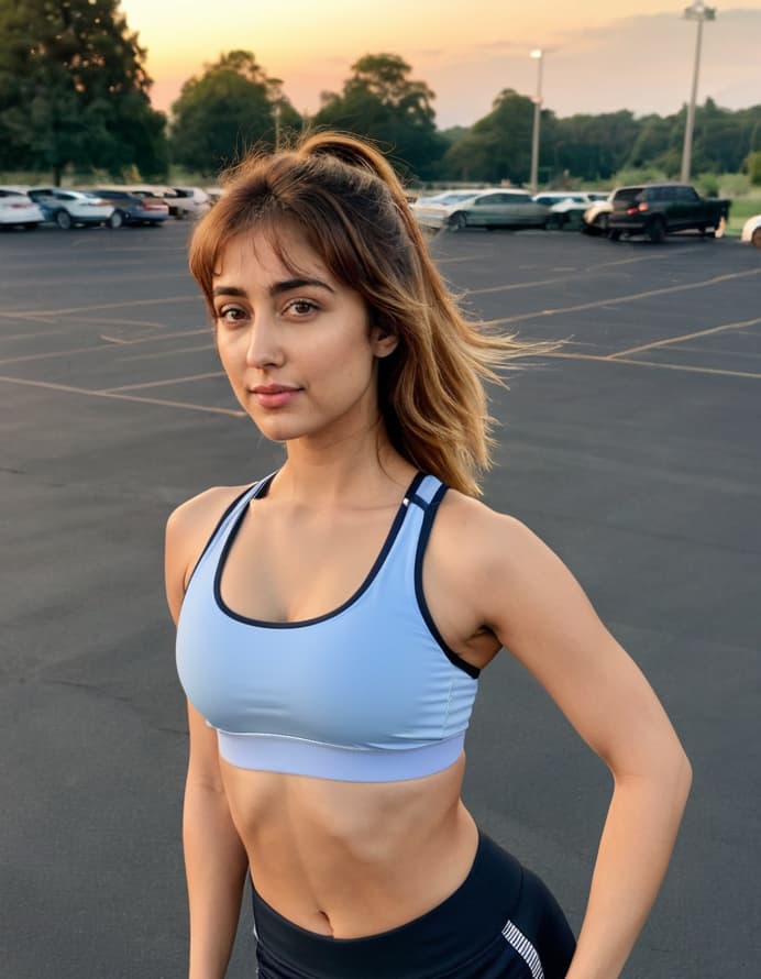 Abigail stretches in a park parking lot at sunset, looking yearningly over her shoulder.