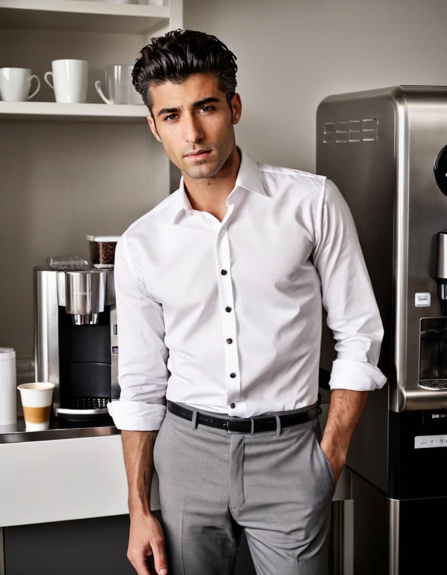 Will, intense, stares at coffee machine, undone shirt, office kitchenette.