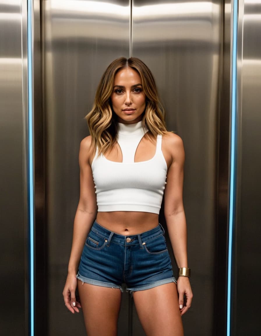 Ella, defiant smirk, in tiny crop top and shorts, leans against elevator wall.