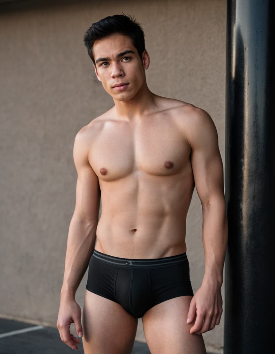 Jacob, intensely focused, leans against a wall in a dimly lit parking lot, boxer briefs slightly low.