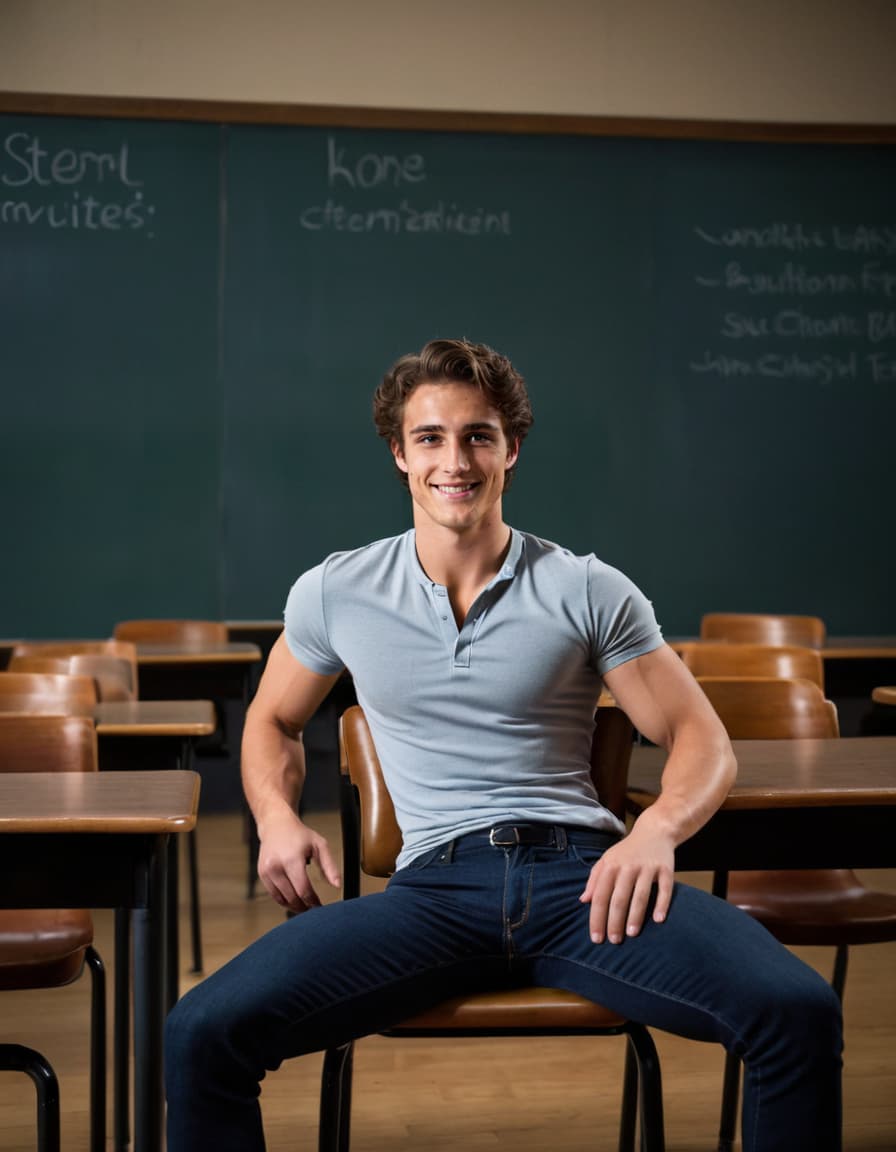 Logan, smirking confidently, leaning back in a seminar room chair.