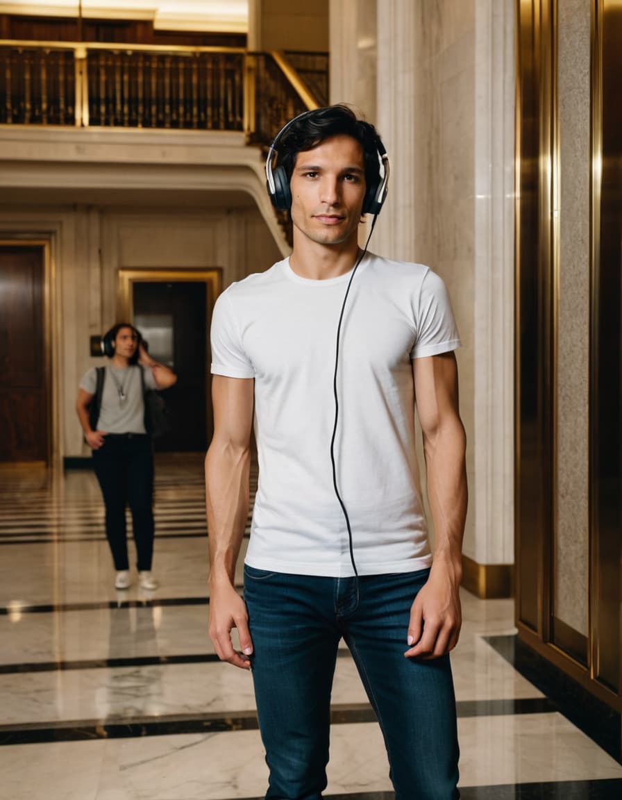 Nathan, in dark jeans and vintage band tee, stands confidently in a marble lobby, headphones on.