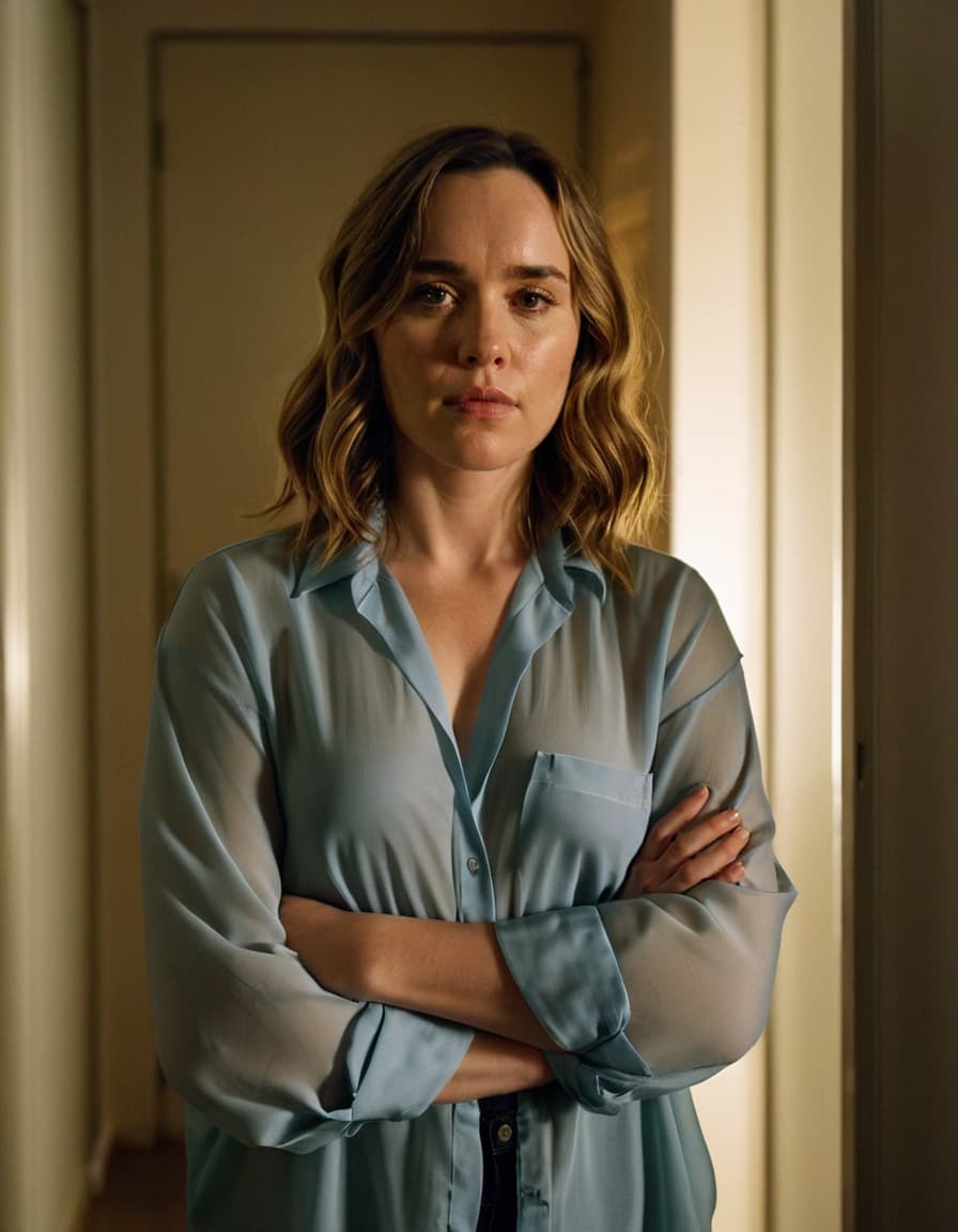 Zoe, vulnerable and breathing heavily, stands in a dimly lit hallway, arms crossed, her oversized, semi-transparent shirt revealing her bra.
