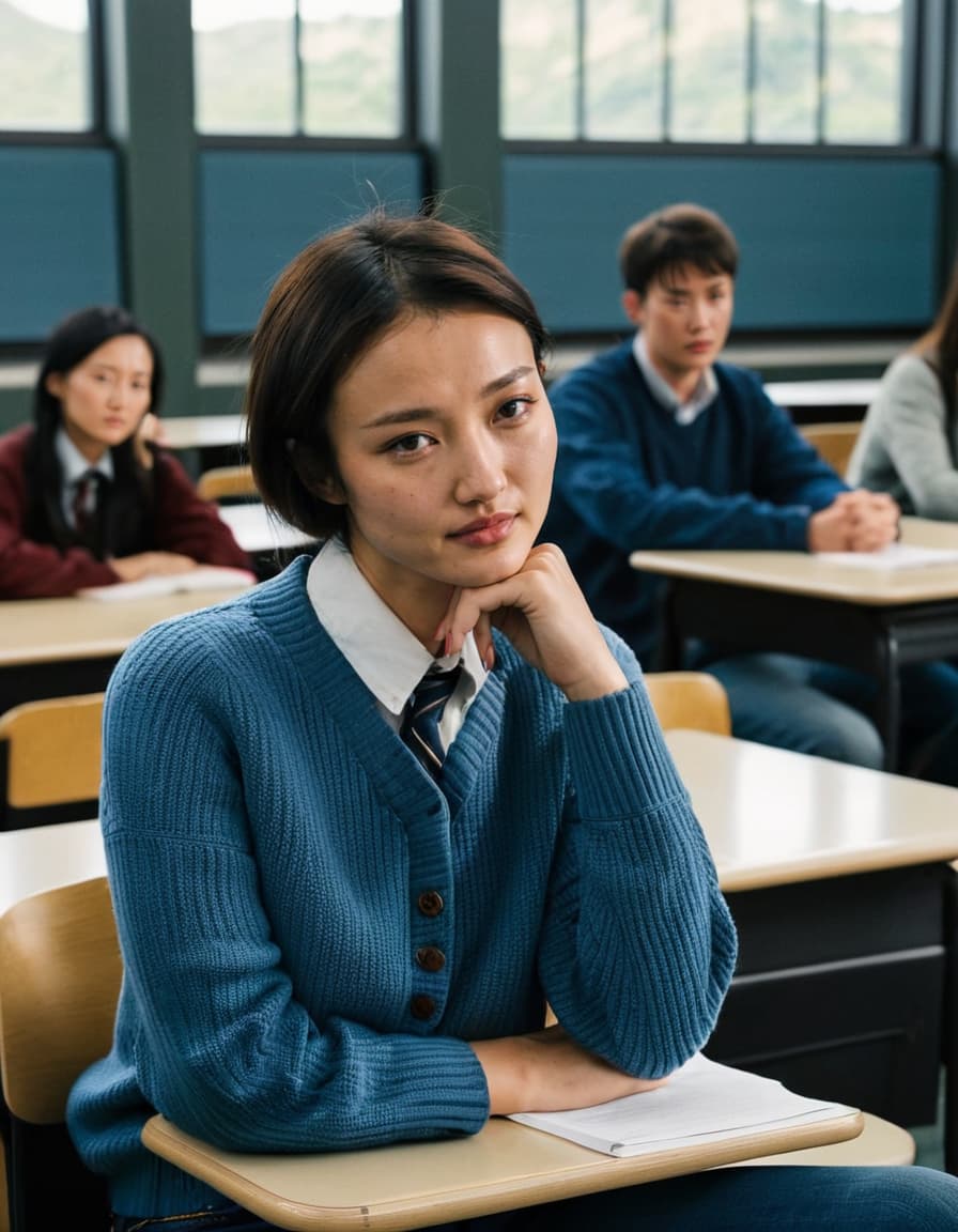 Chloe, tense but exhilarated, sits in a university classroom after a confrontation.