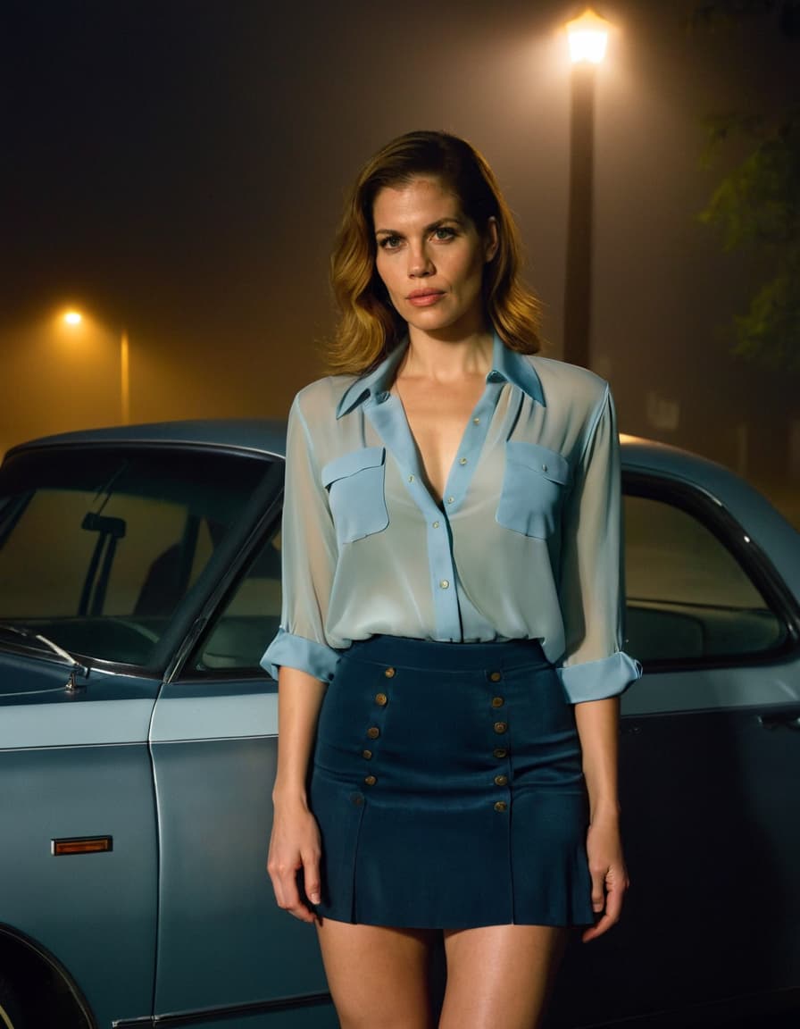 Samantha, low-cut blouse, leaning against foggy car, sultry pose.