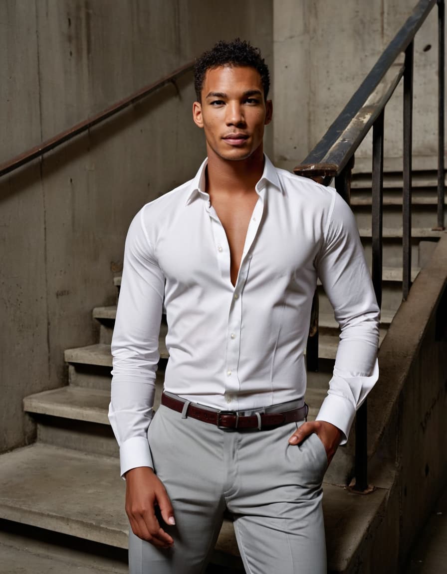 Chris leans against a concrete stairwell, dressed in a casual, unbuttoned dress shirt and trousers.
