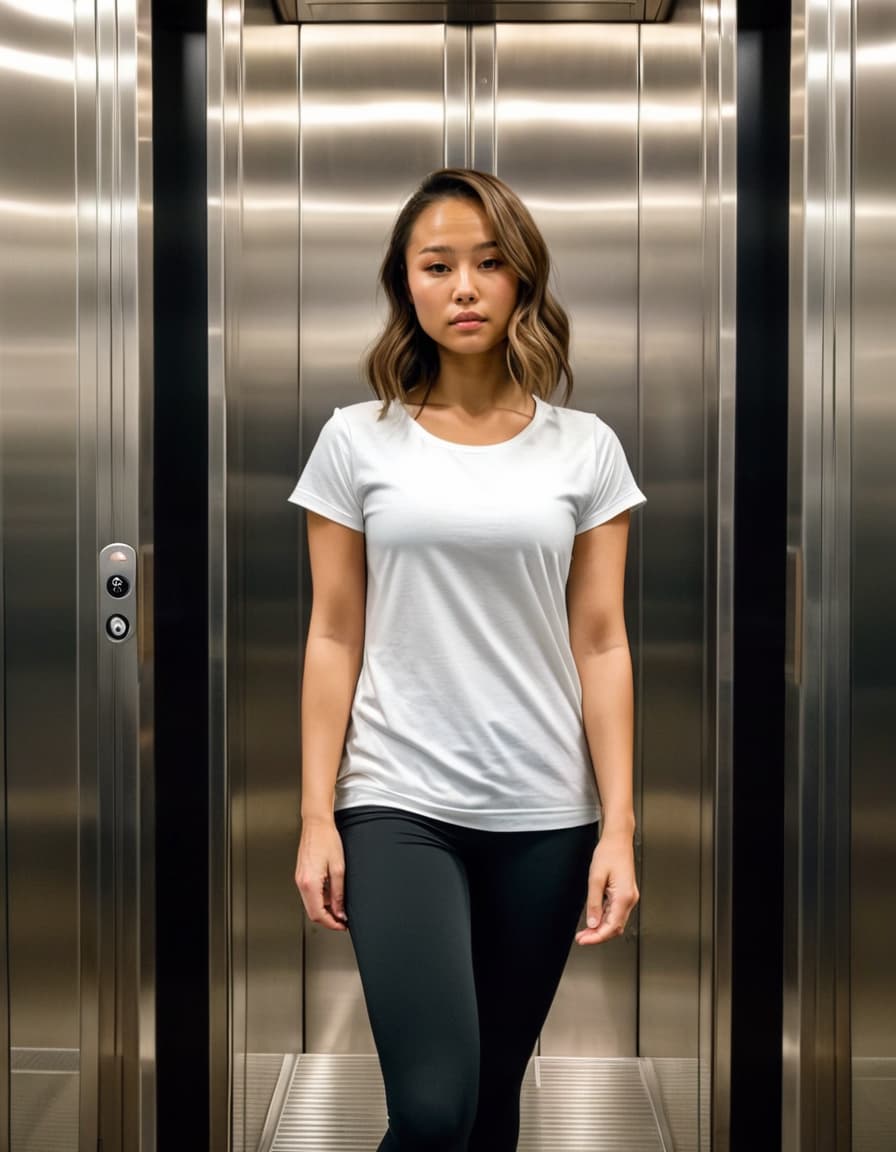 Leah, nervously blushing, stands in a modern elevator.