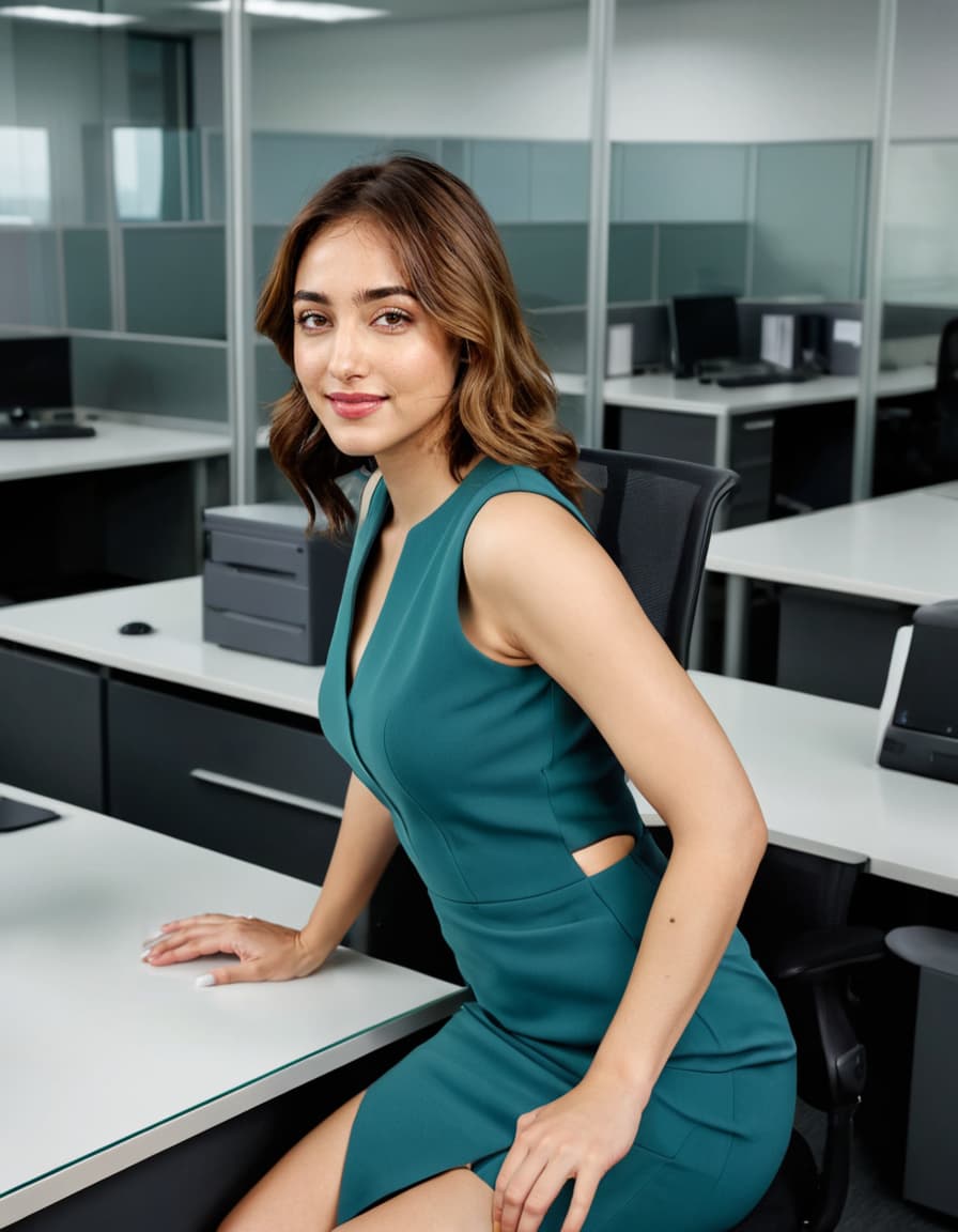 Abigail, in a form-fitting dress, leans conspiratorially over her desk in a modern office.