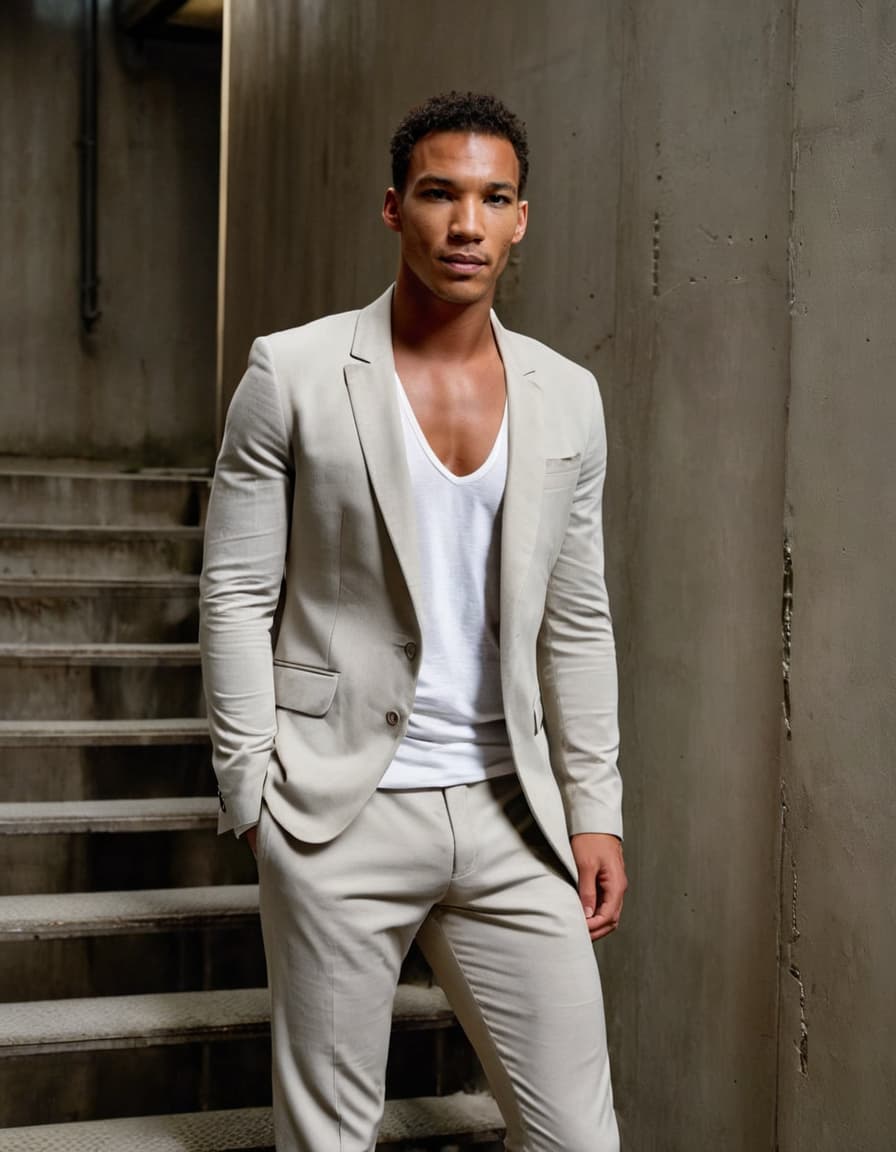 Chris leans against a concrete stairwell wall, wearing an open blazer and dress pants.