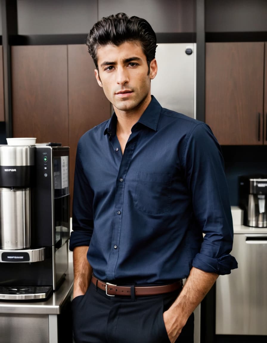 Will, intensely focused, stands near the coffee machine in a sterile corporate break room.