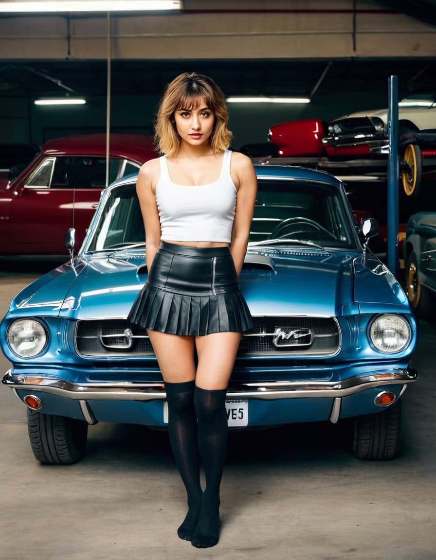 Abigail, intense gaze, low-cut tank top, mini skirt, against vintage Mustang in dim garage.