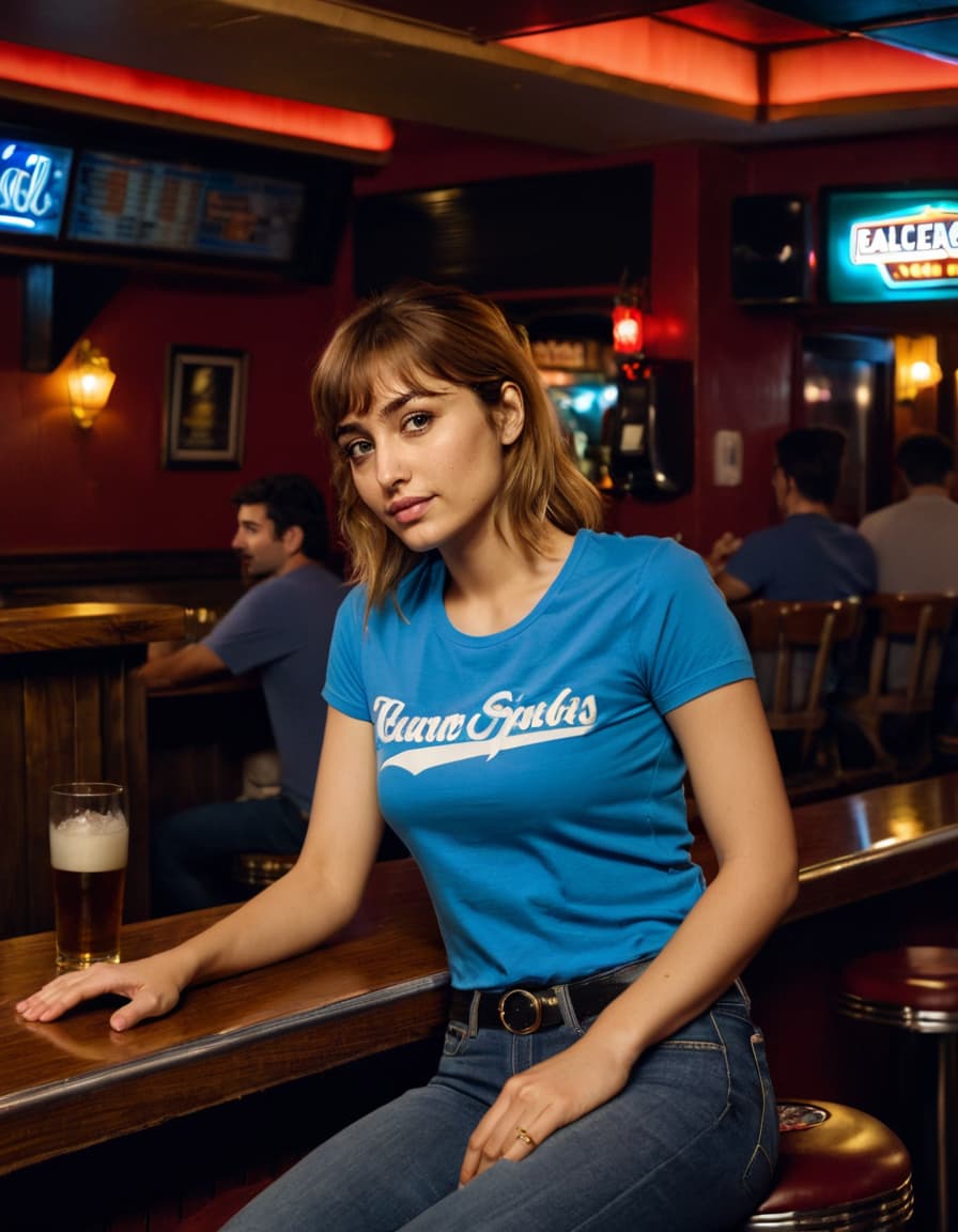 Abigail, tense and wide-eyed, sits at a dimly lit bar.