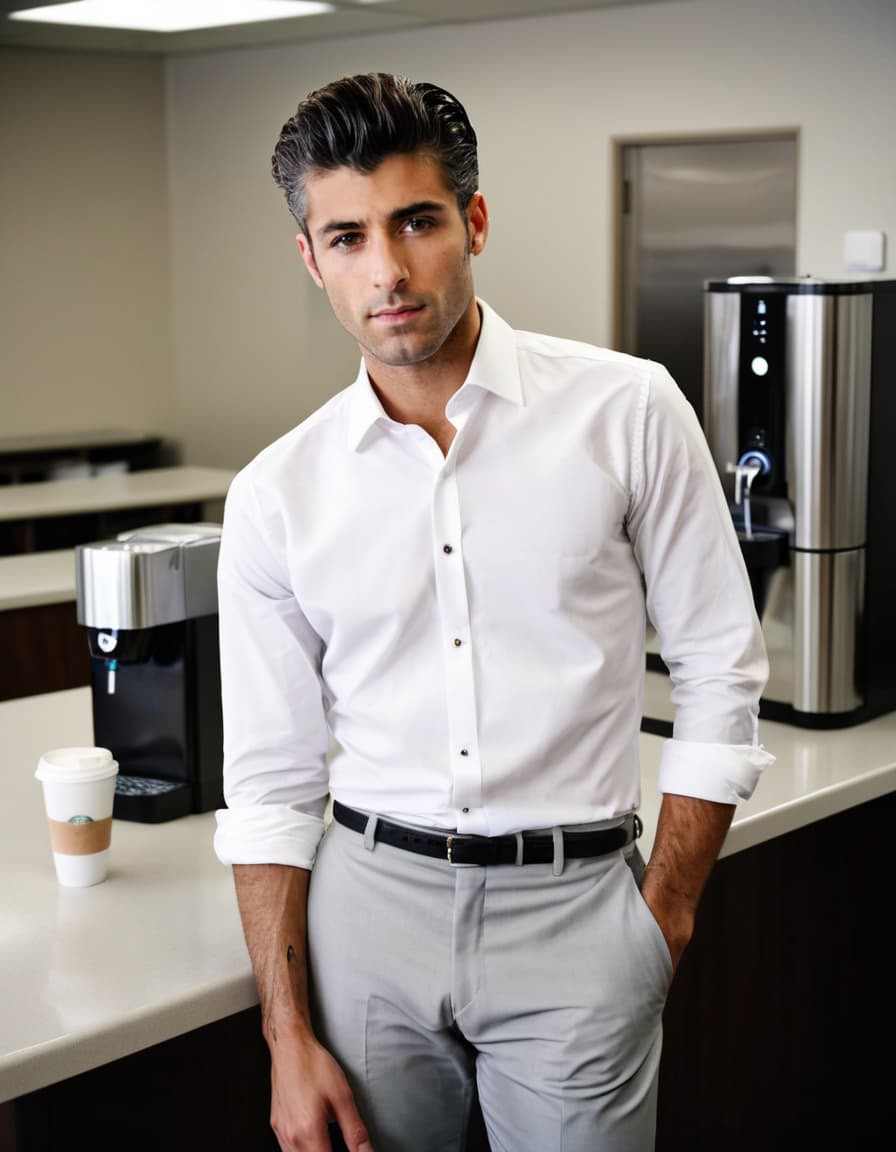 Will, in a white dress shirt and tailored pants, leans against a corporate break room counter, a contemplative smirk playing on his face.