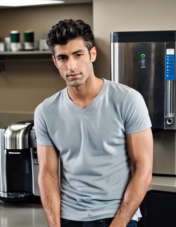 Will, leaning against a breakroom counter, contemplative smirk, muscular forearms.