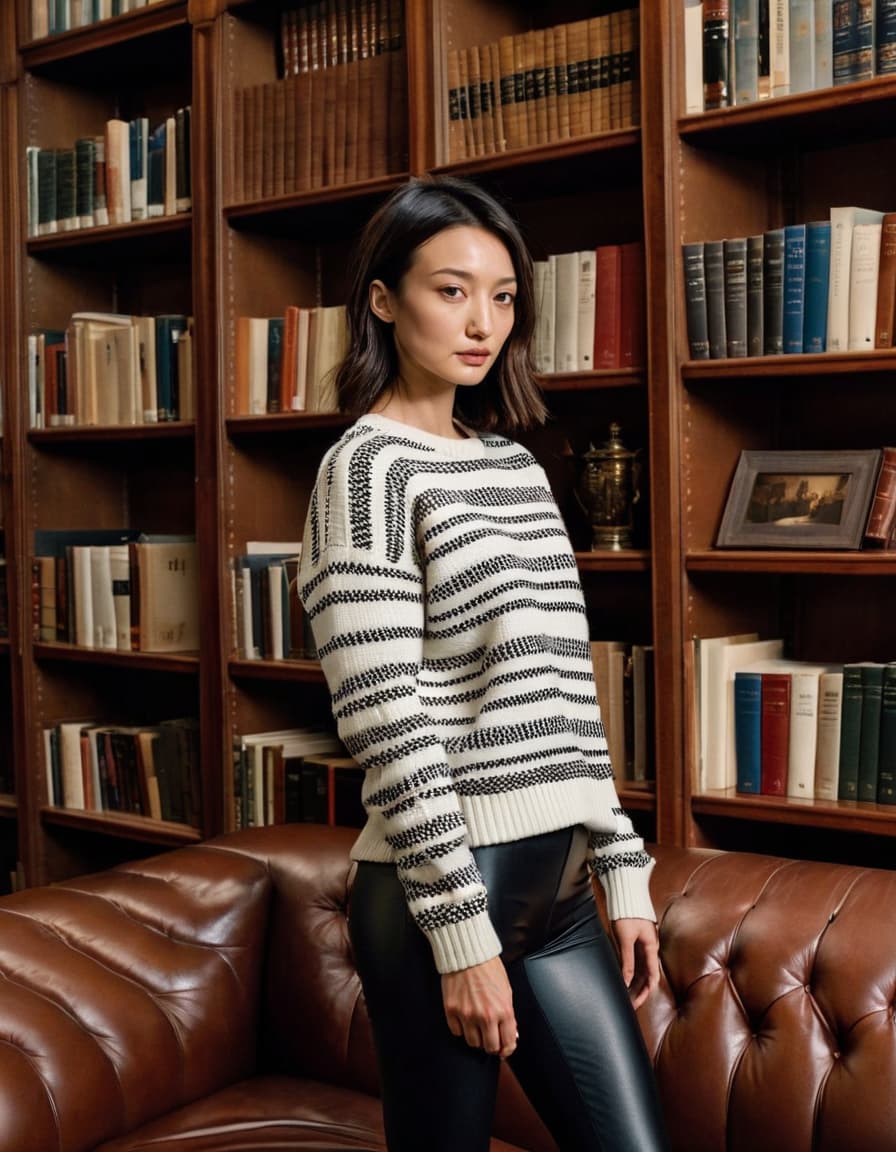 Chloe stands nervously by a bookshelf in a dim library, wearing a cozy sweater and leggings.