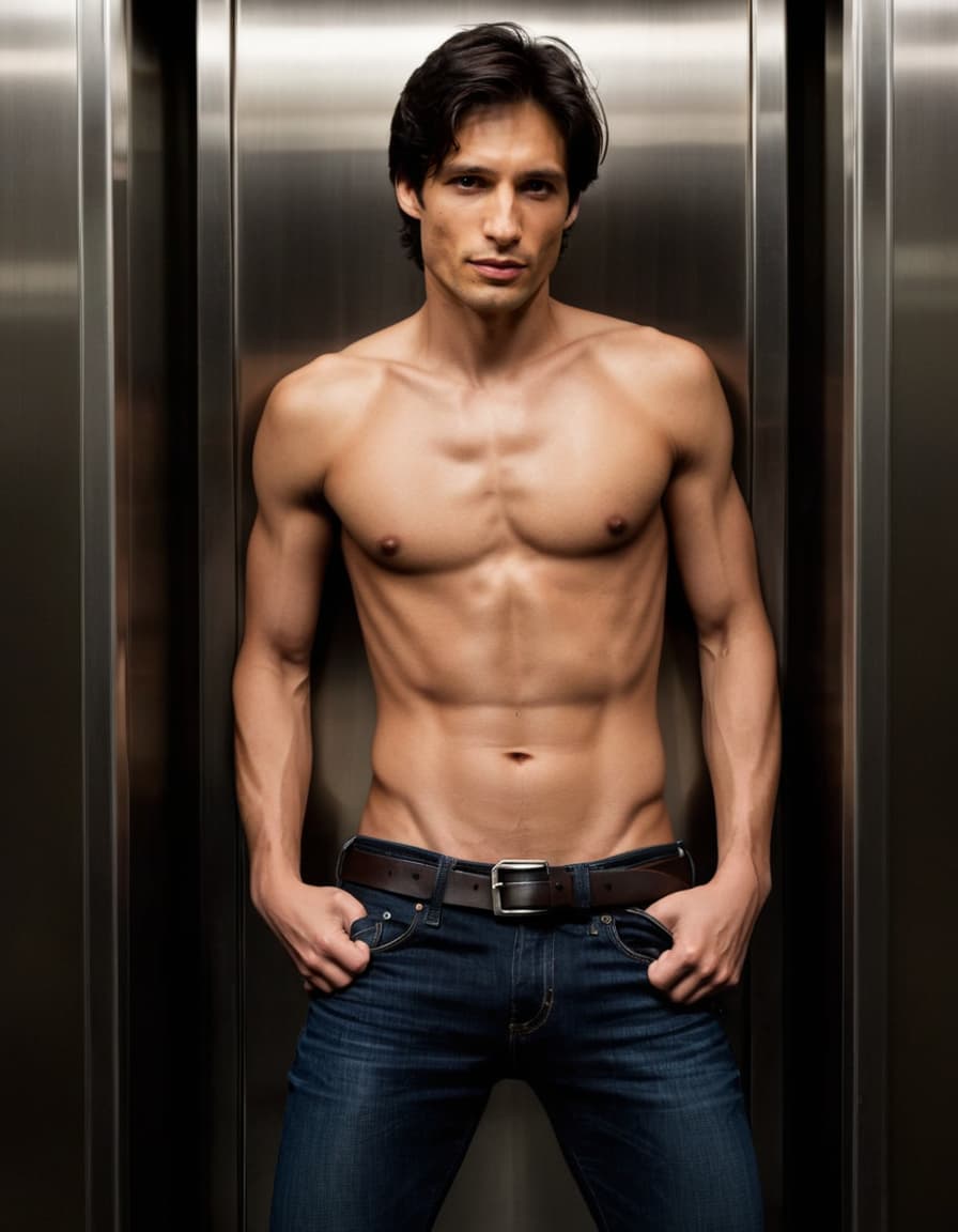 Nathan leans forward, confident and intense, in a cramped elevator.
