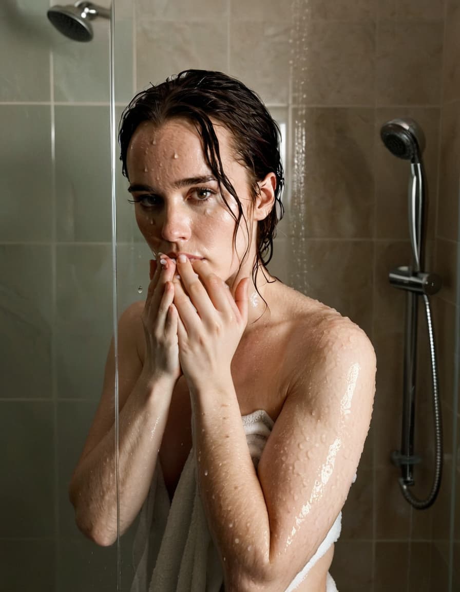 Zoe, vulnerable, drying hair in a steamy bathroom.