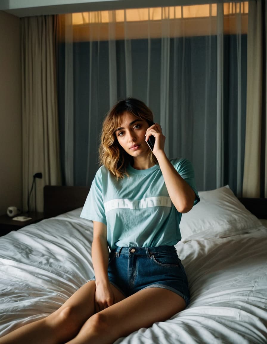 Abigail lies contemplatively in her bedroom, gazing at the ceiling. Semi-sheer top, rumpled sheets, and a nightstand.