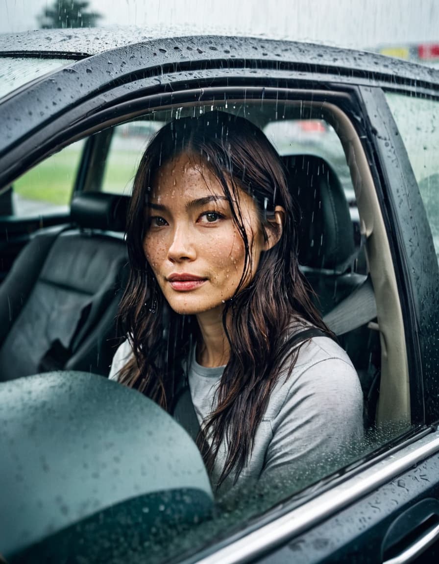 Avery, wet hair, danish in lap, stares intently through rain-streaked car window at convenience store.