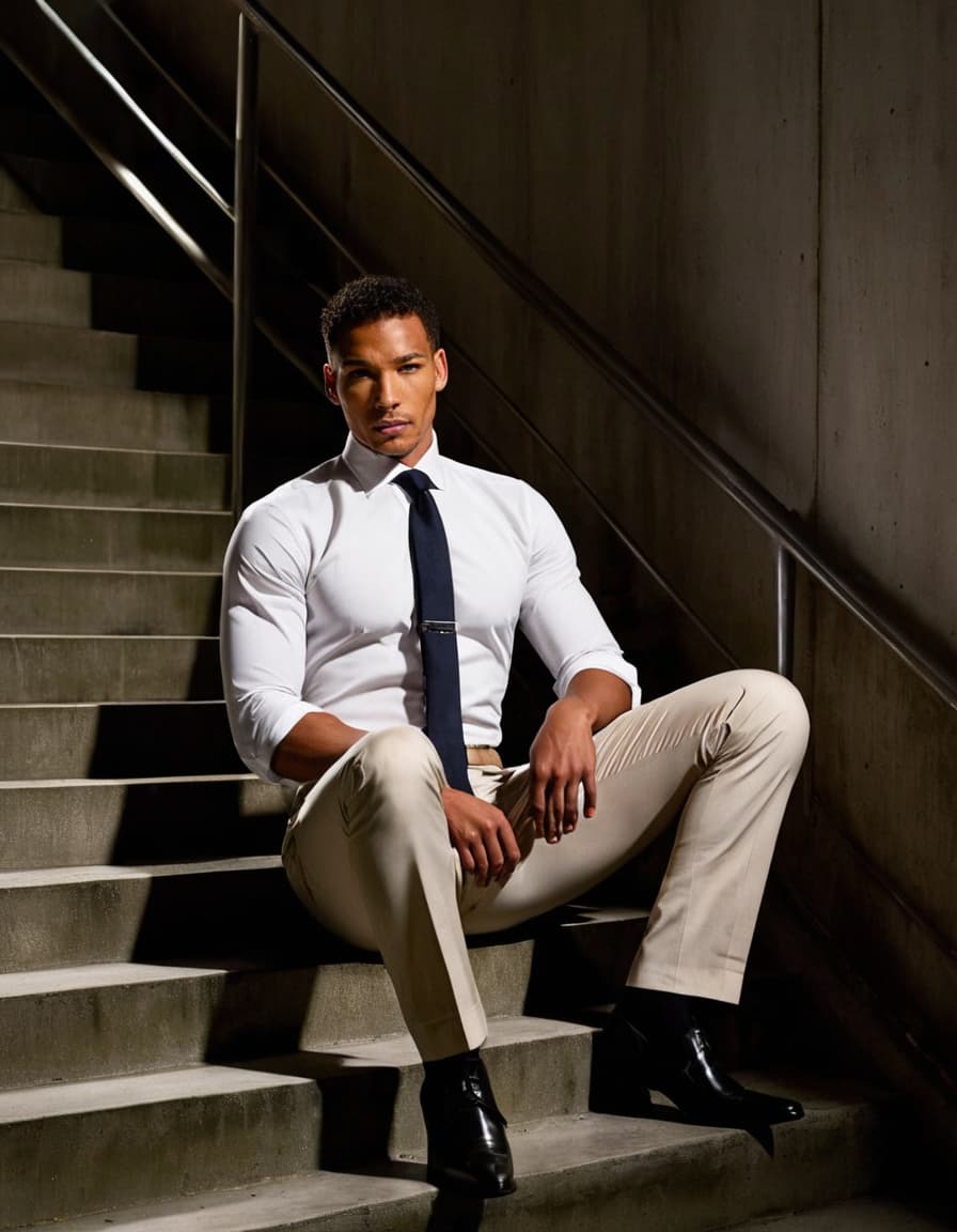 Chris sits intensely on a stair step, unbuttoned dress shirt, loosened tie.