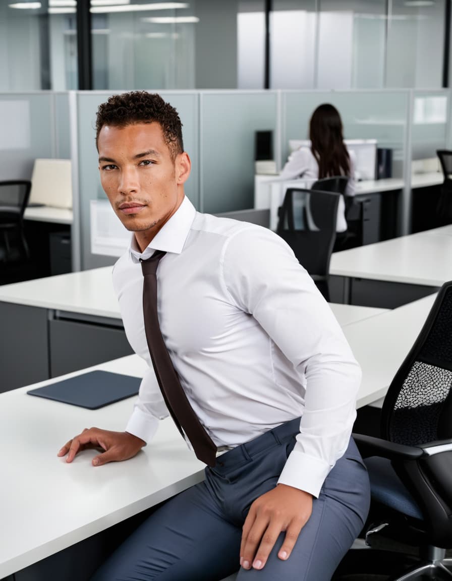 Chris leans forward, eyes wide, in a modern office.