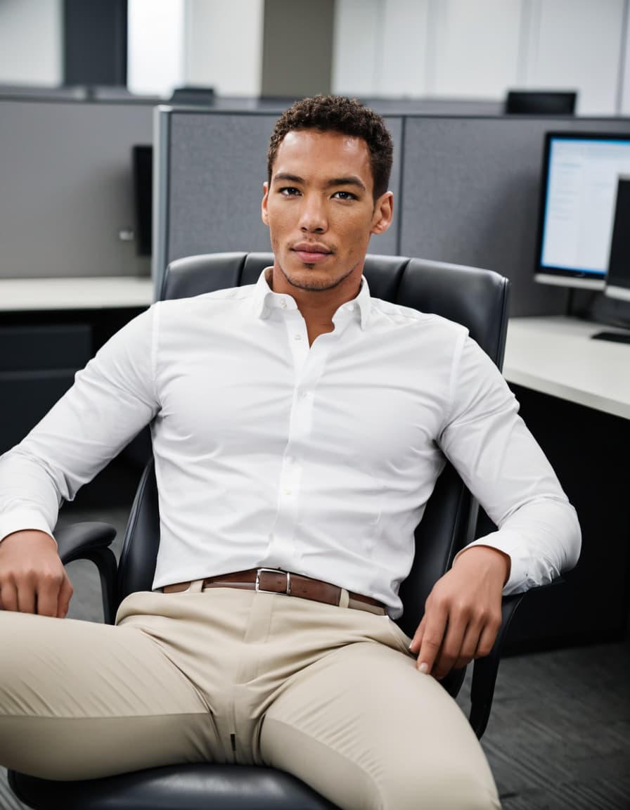 Chris, fascinated, sits back in his office chair in a minimalist workspace.