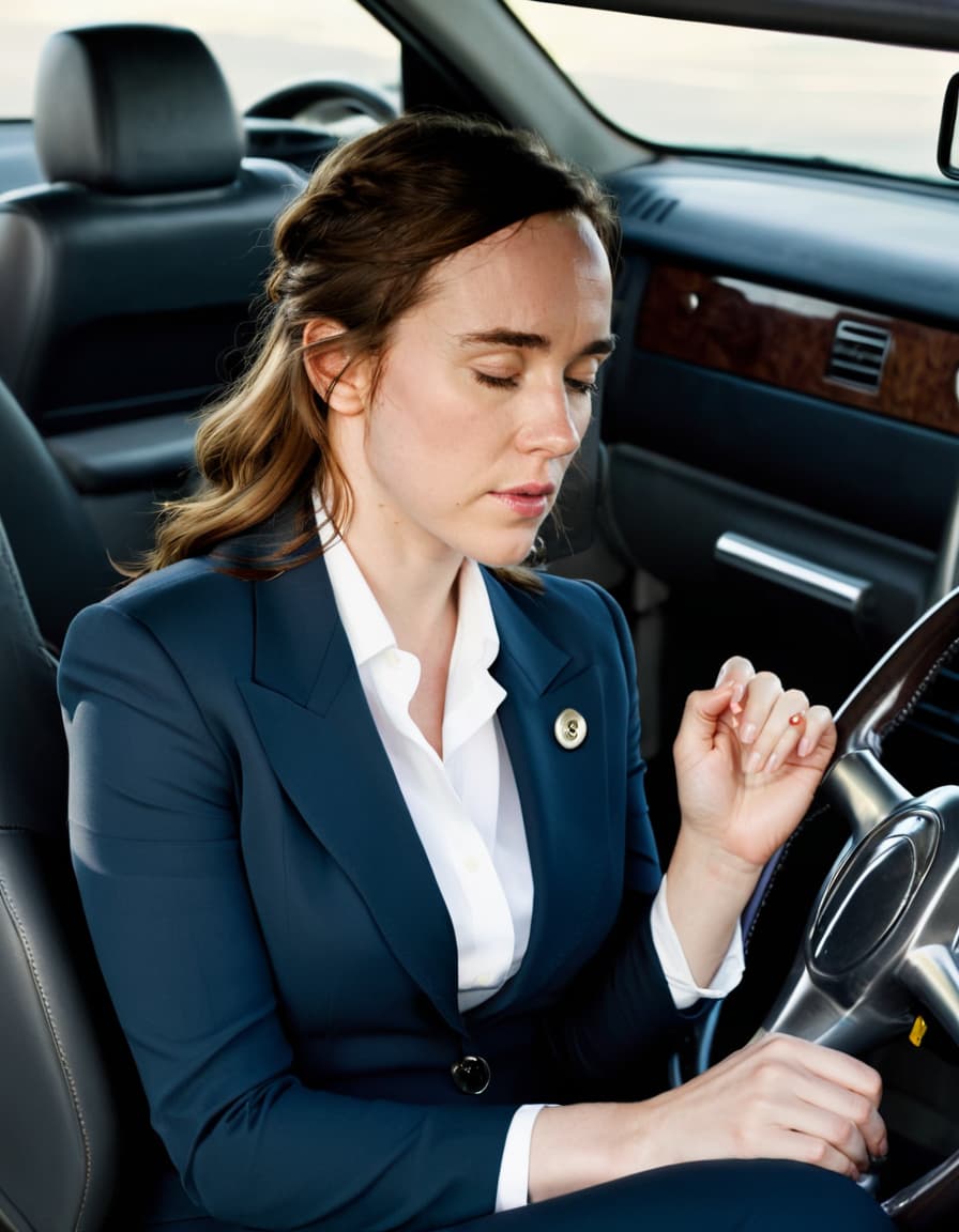 Zoe, eyes closed, focused on the road, in a low-cut blouse and pencil skirt, against the steering wheel of her compact car.