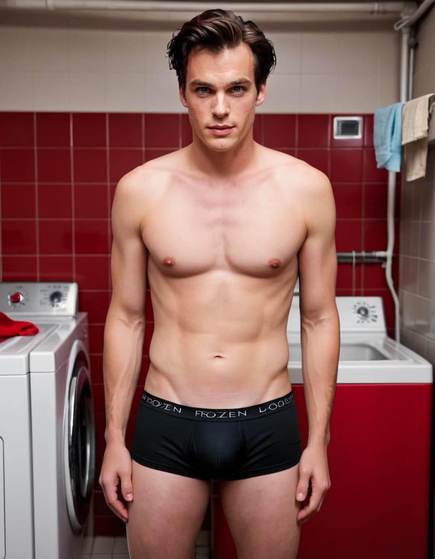 Tom, red-faced and startled, stands in the basement laundry room, wearing only black boxer briefs.